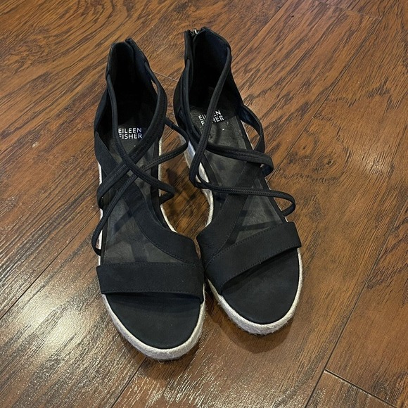 Eileen Fisher Wanda Tumbled Nubuck Espadrille Sandals in Black Size 9 - Picture 11 of 12